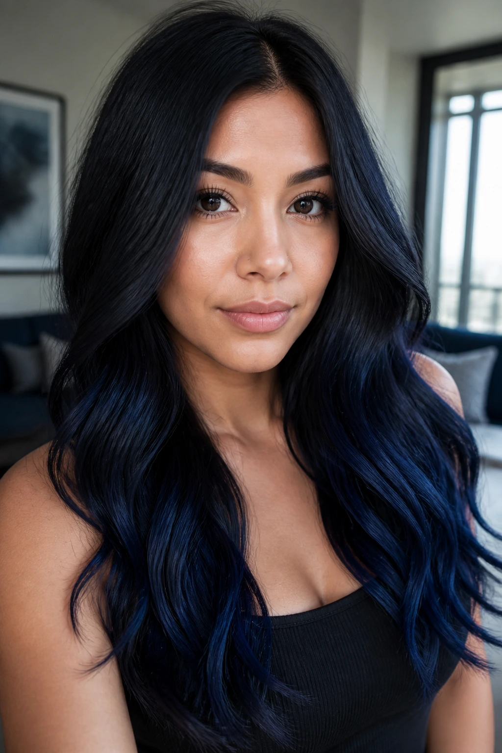 Close-up of midnight navy fade on a real woman's hair from black to navy