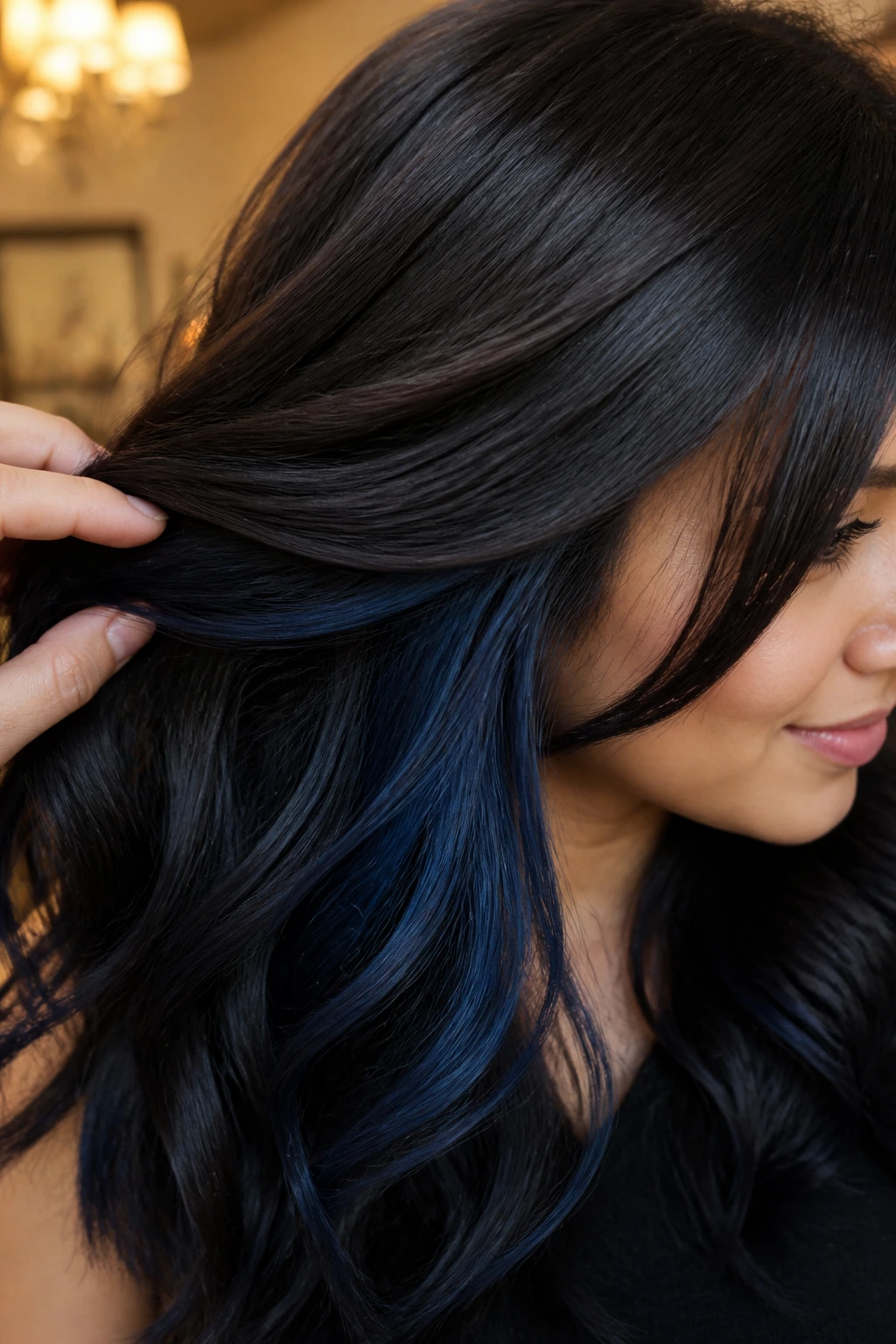Hair with a hidden midnight navy panel under the top layer.