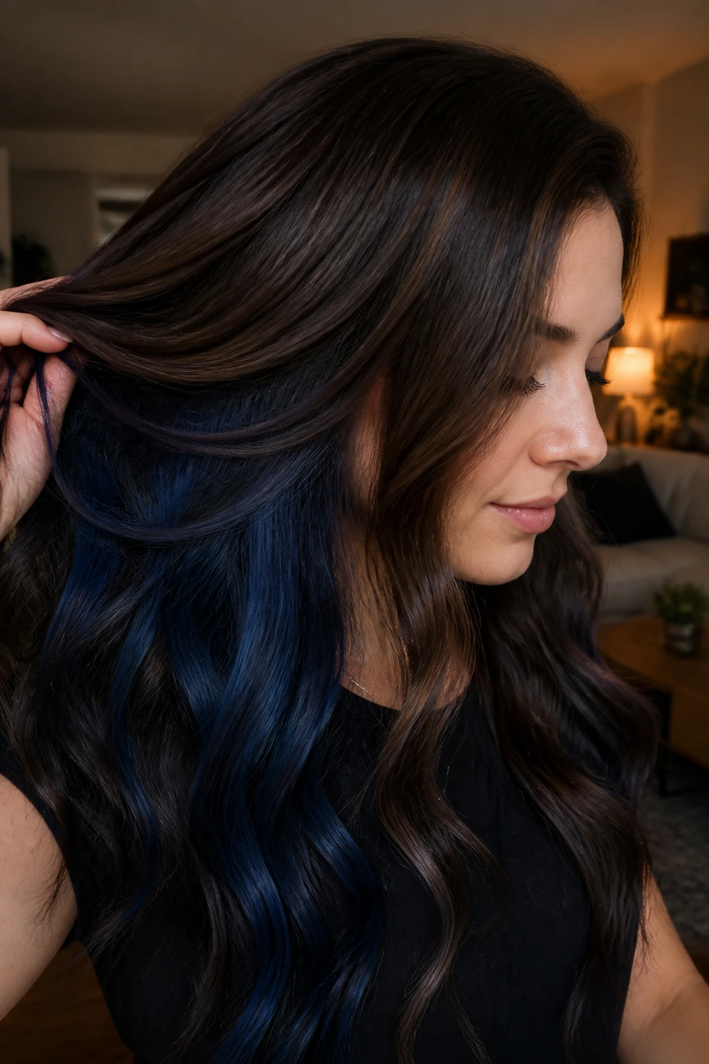 Close-up of long hair with midnight navy peekaboo panels under the top layer