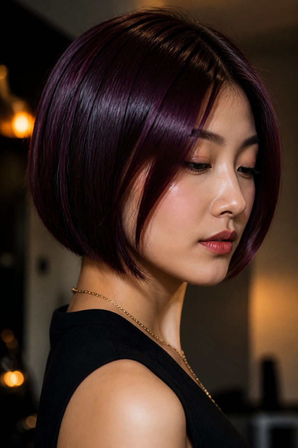 Close-up of a real Asian woman with midnight plum gloss on straight short hair.