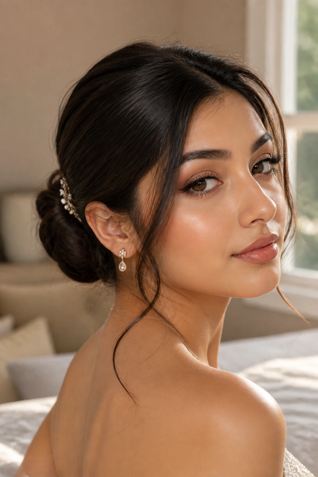 Close-up of a real woman with a sleek low bun and hairpin under warm window light