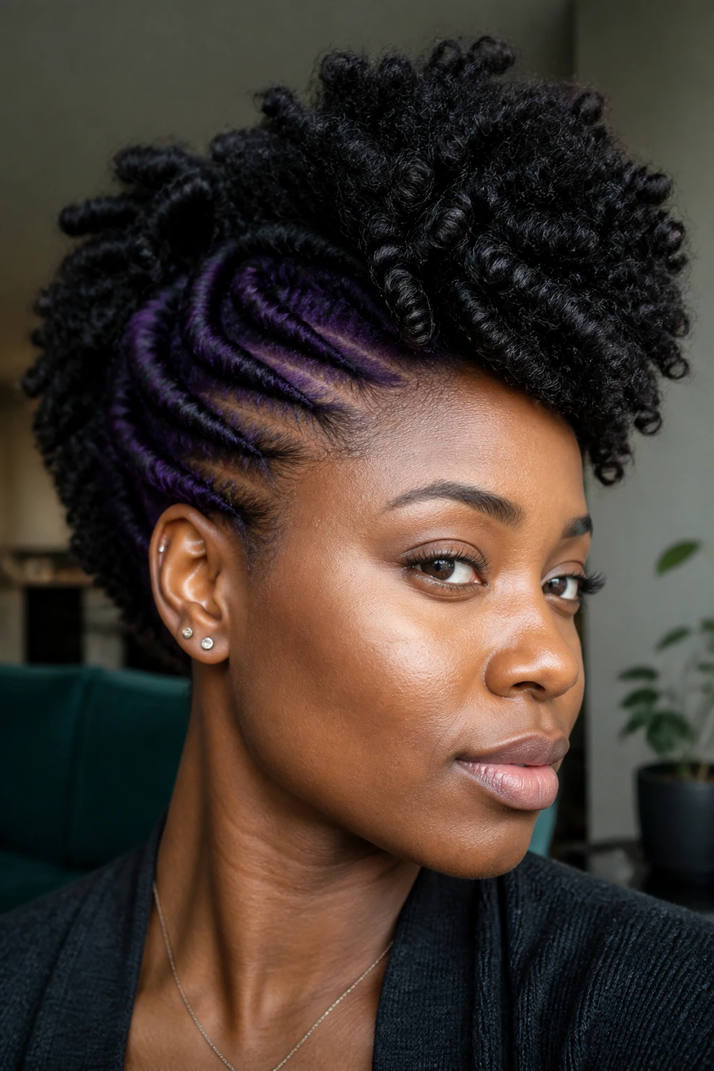 Three-quarter portrait of frohawk hairstyle with midnight violet underlayers