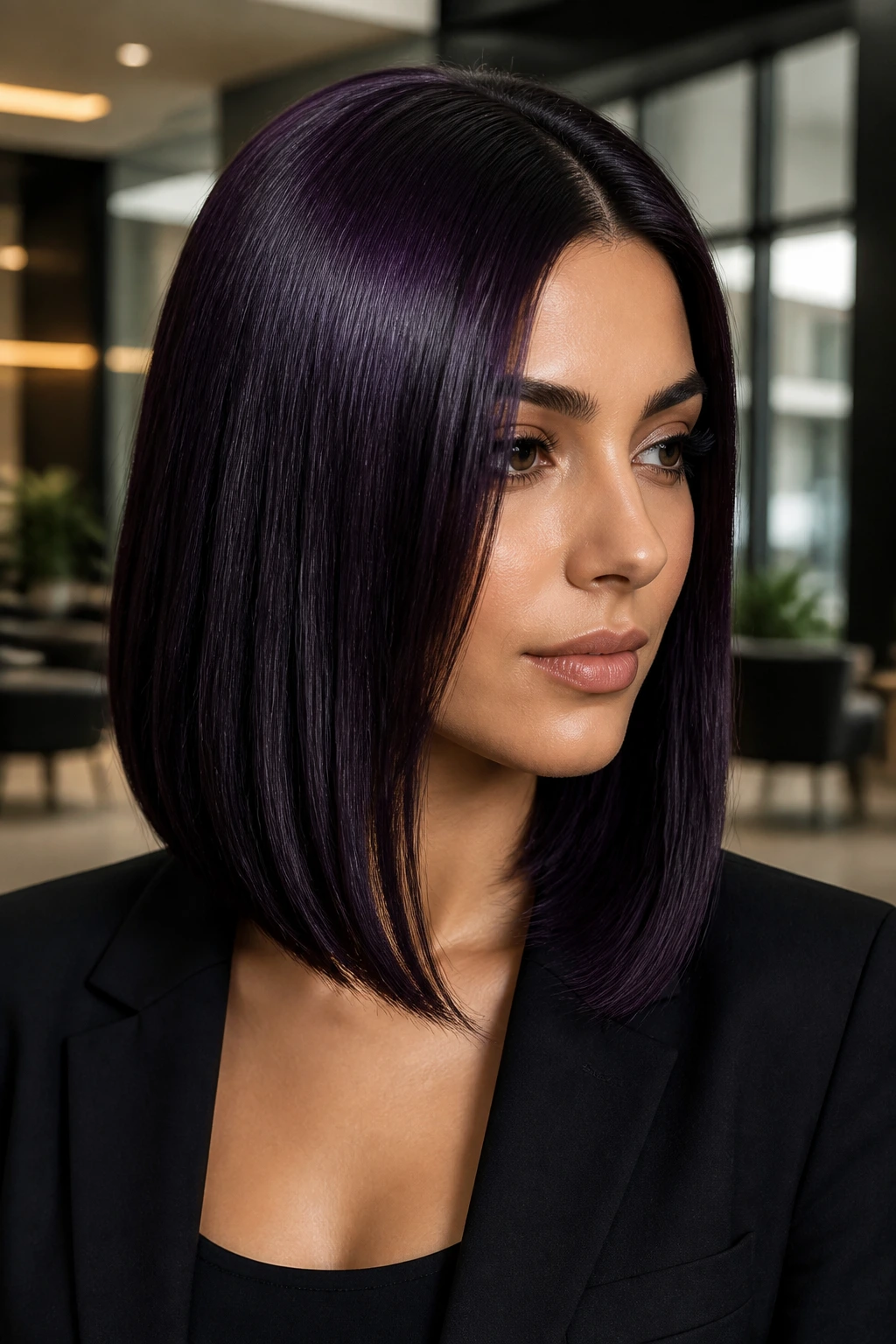 Portrait of a person with midnight violet straight lob and glossy finish