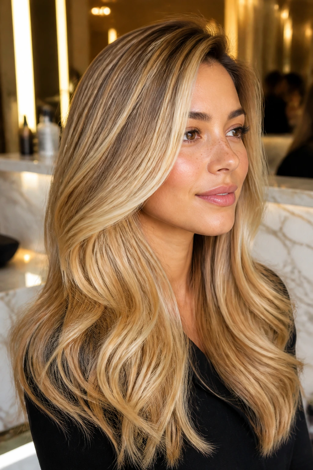 Portrait of a real woman with miel blonde hair and glossy golden highlights.