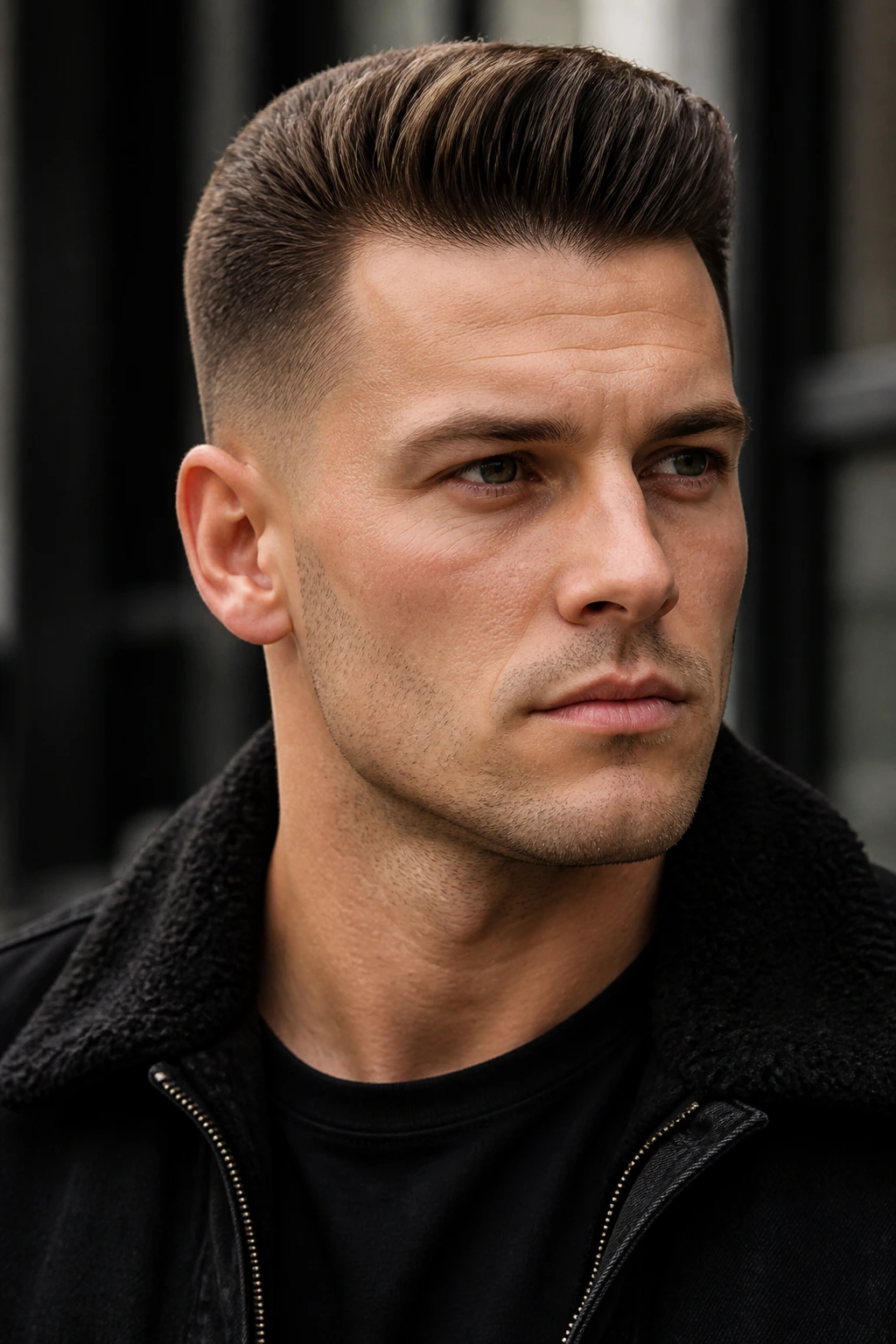 Close-up portrait of a man with a military-edge pompadour hairstyle