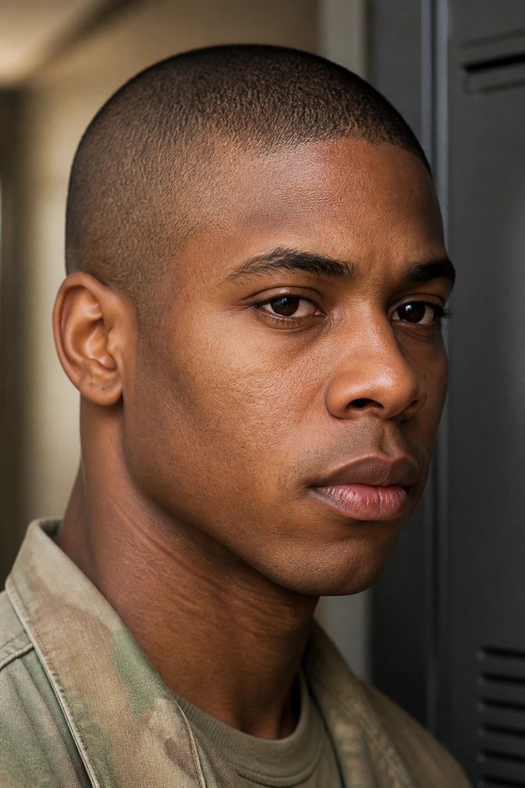 Close-up portrait of a Black man with military regulation buzz and tight sides