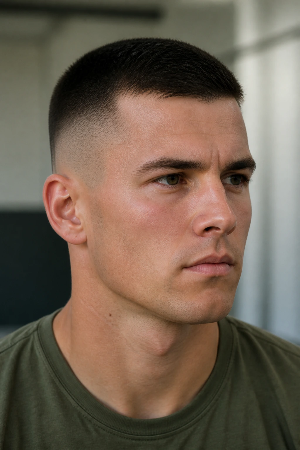 Close-up of a real man with military regulation crew cut