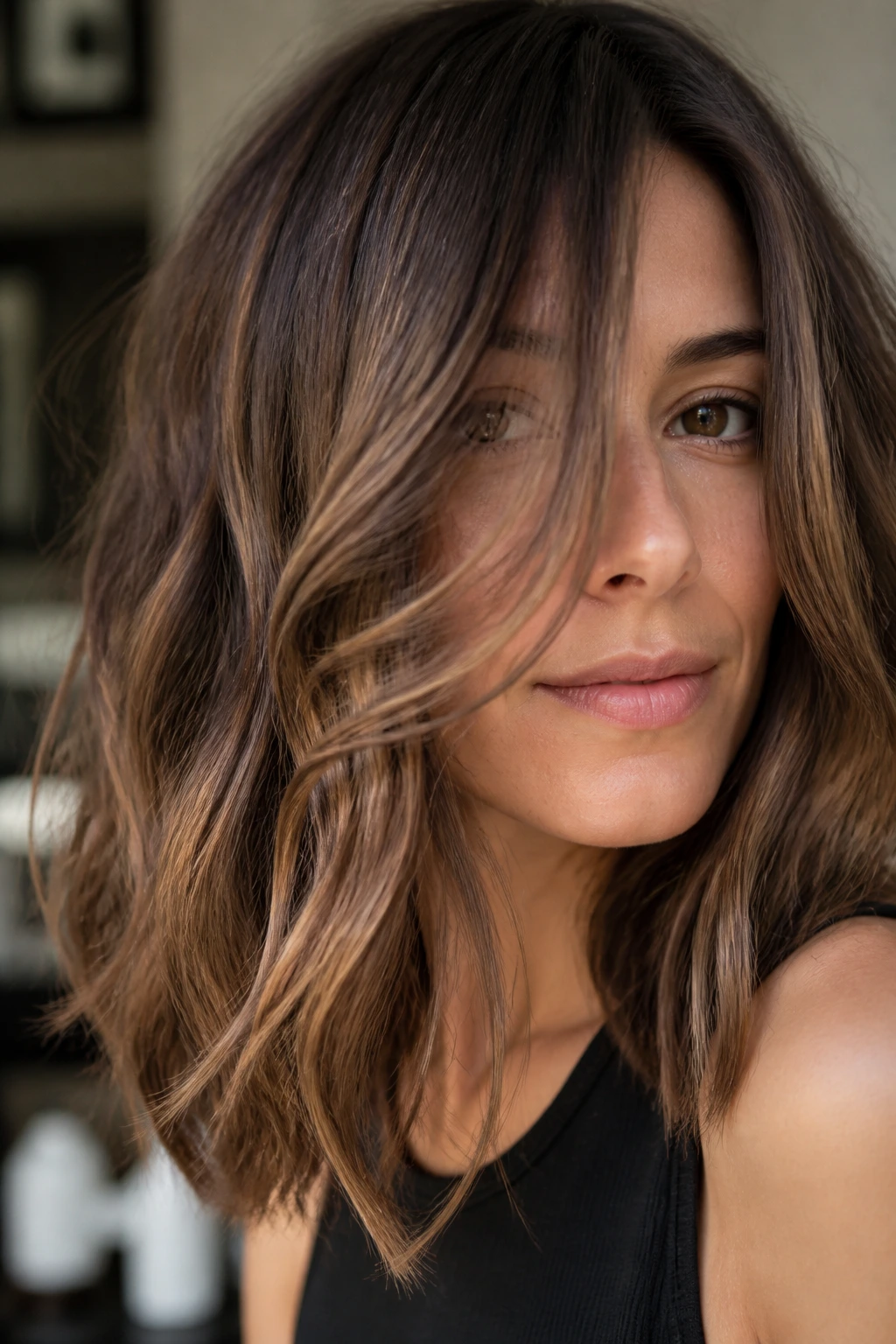 Real person with milk chocolate balayage showing subtle movement