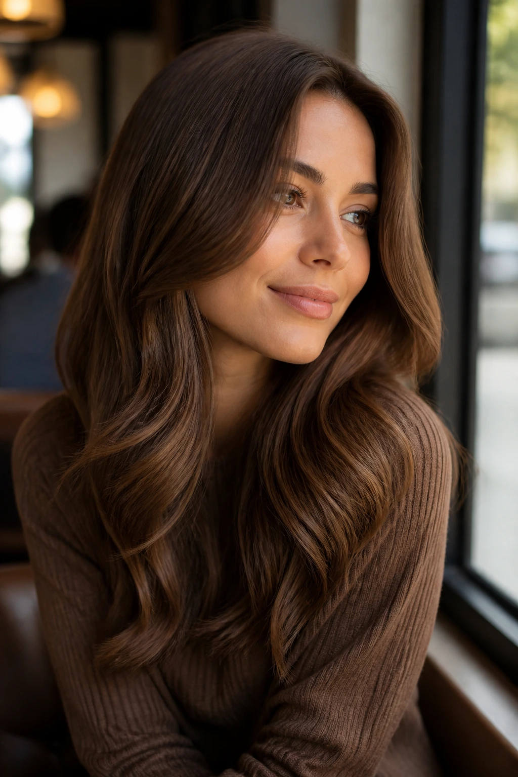 Close-up portrait of a woman with milk chocolate brown hair and creamy warm finish.
