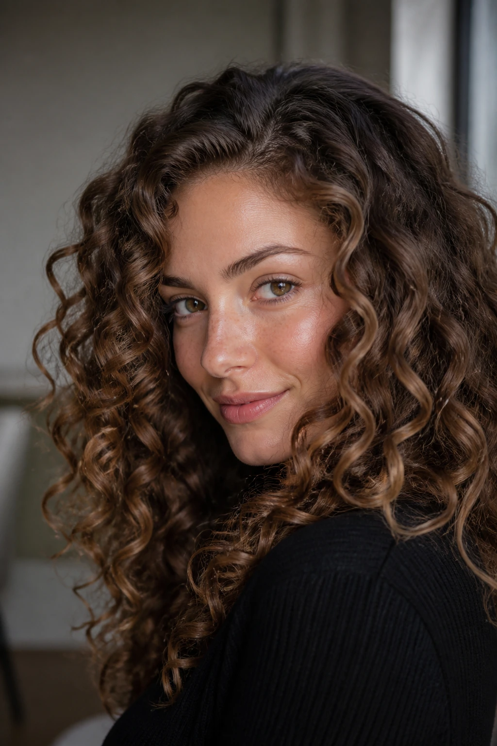 Close-up of milk chocolate curls on a real woman with defined curls.