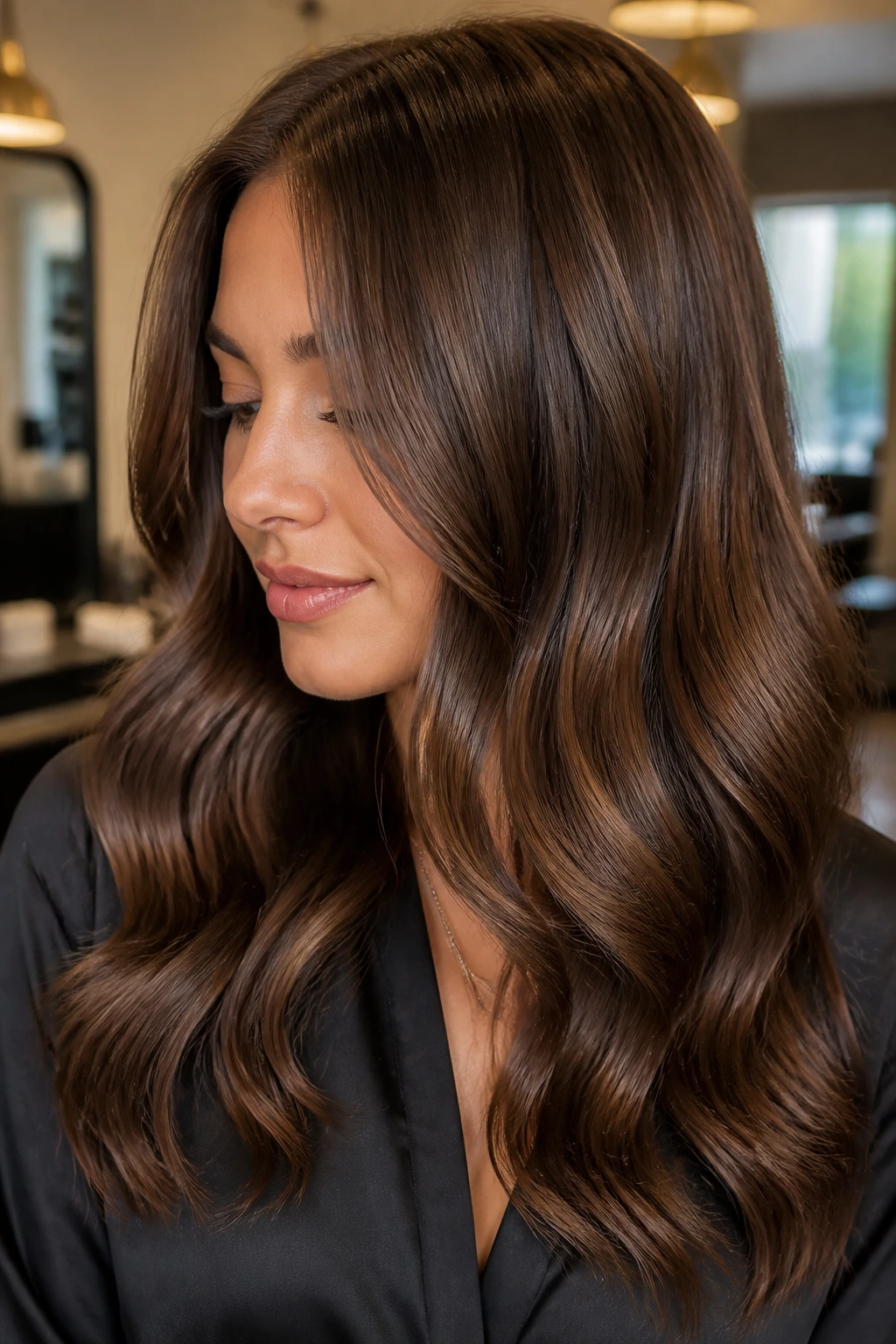Close-up of milk chocolate gloss hair on a real woman with glossy brown strands