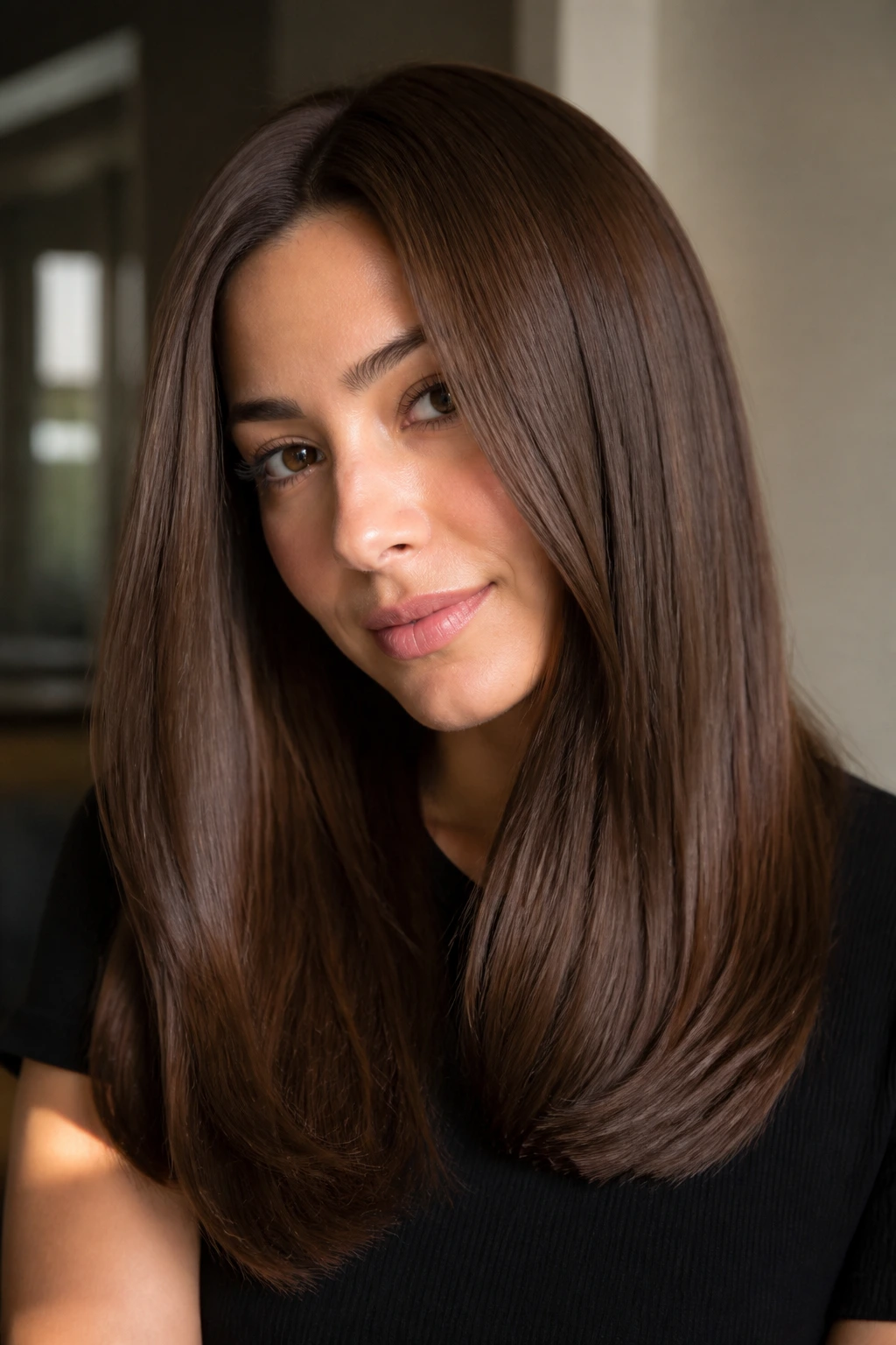 Close-up of a woman with Milk Chocolate Smoother hair, polished brunette