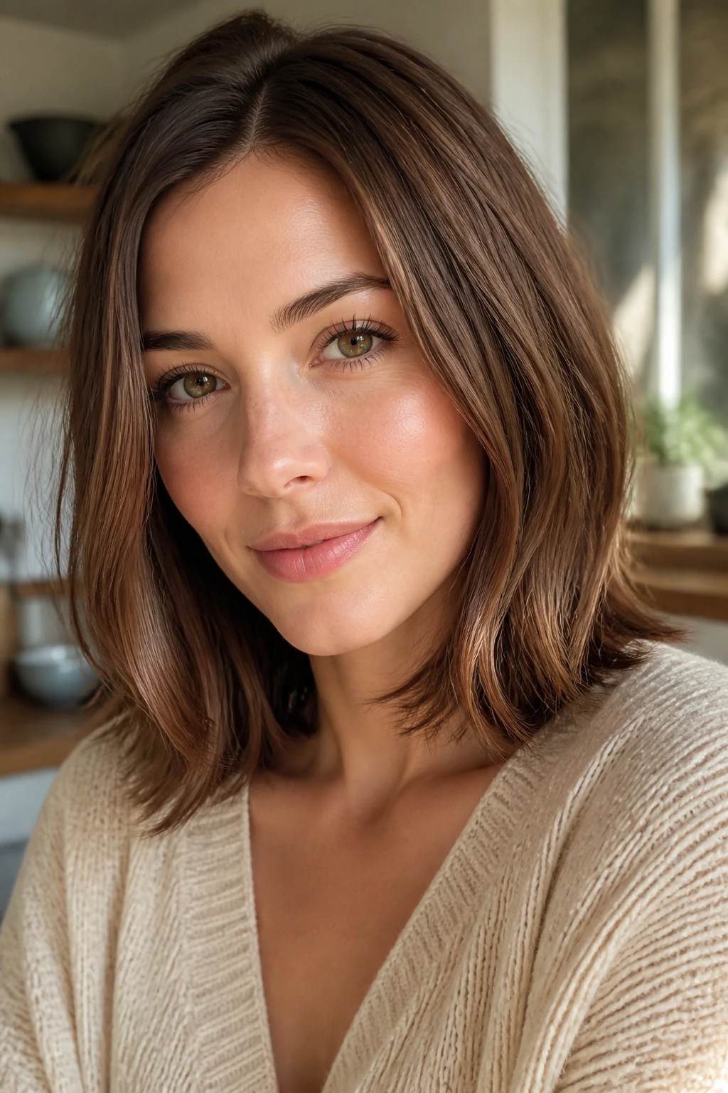 Close-up of a real woman with milk chocolate brunette lob with creamy undertone