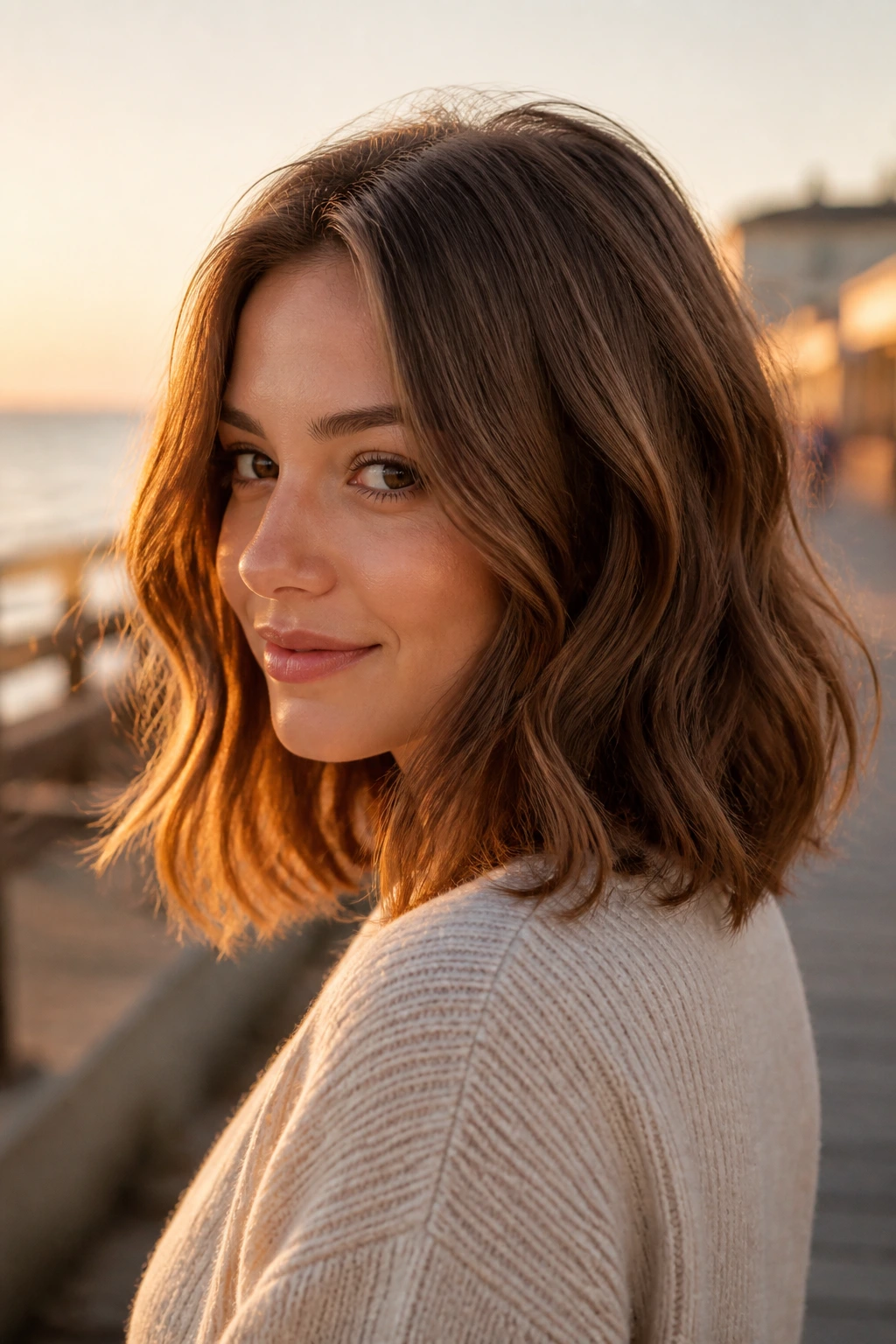 Close-up of a real woman with milk chocolate lob and soft undone waves in golden hour light