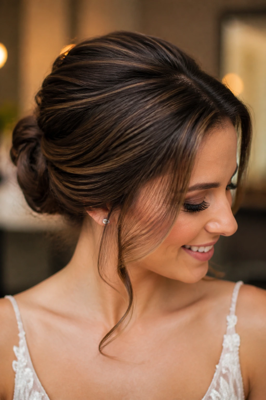 Close-up of a bride with milk chocolate micro-highlights in an updo