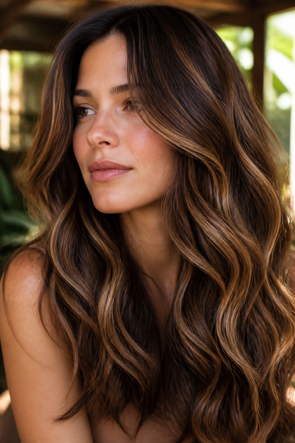 Close-up of milk chocolate brunette with subtle ribbon tones in soft waves.