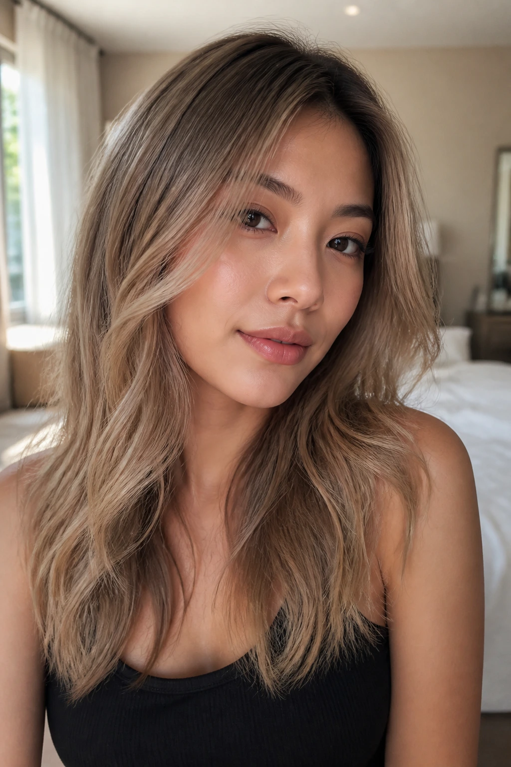 Close-up of a woman with milk tea beige balayage in warm window light.