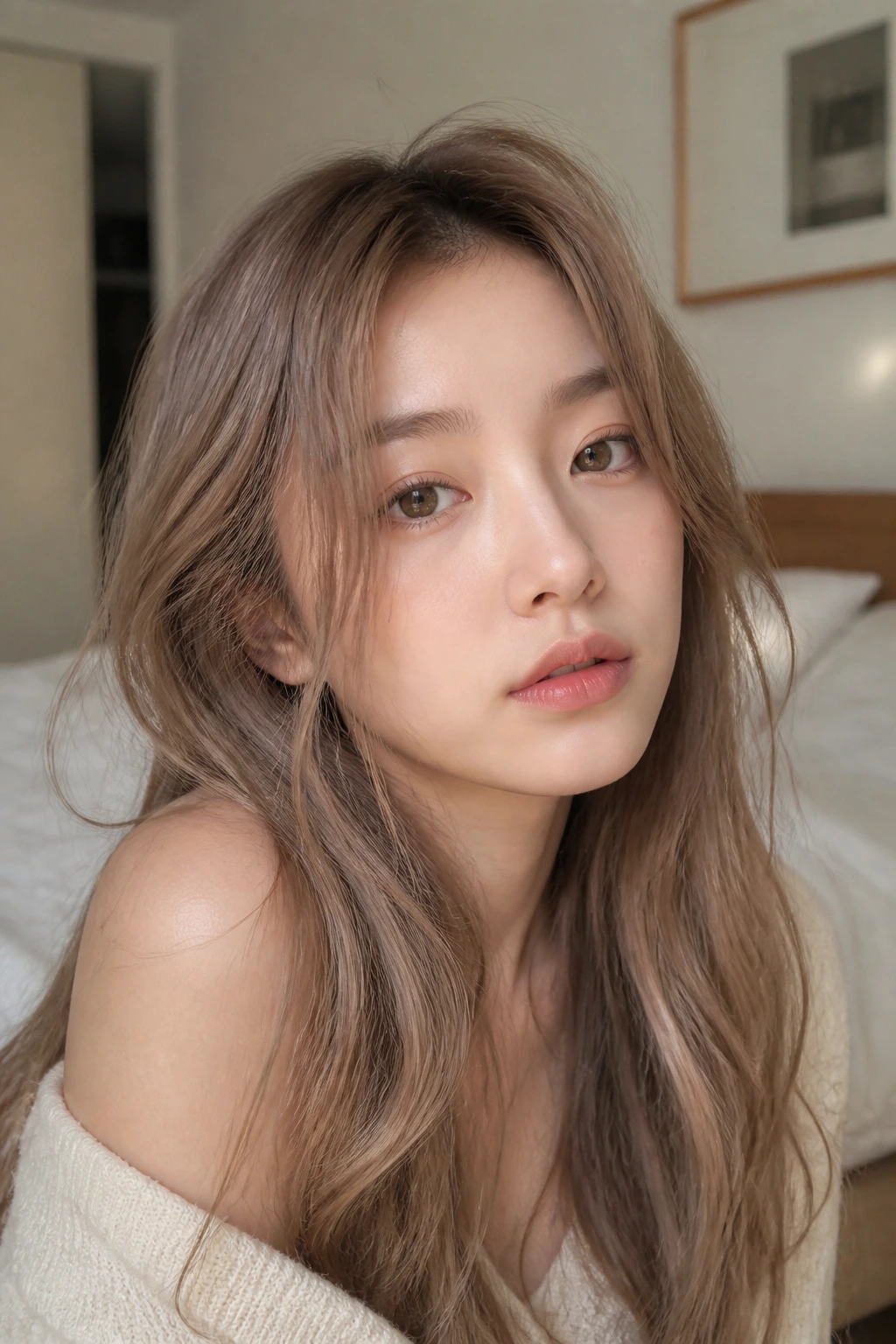 Close-up portrait of a real woman with milk tea beige hair in natural bedroom light