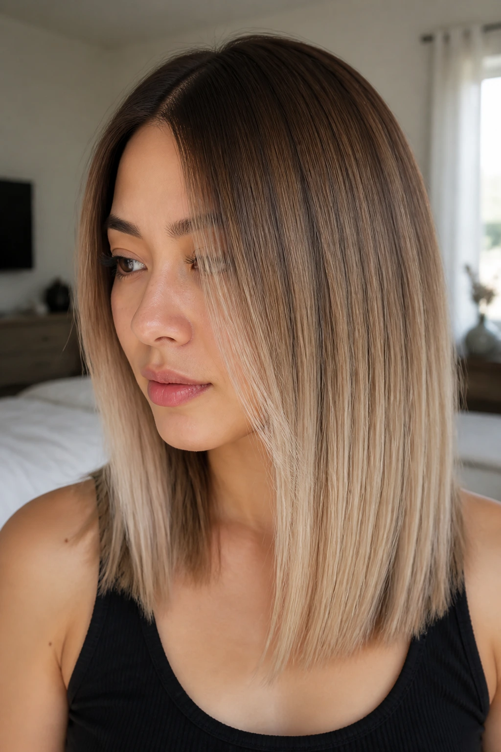 Close-up portrait of a real woman with milk-tea brown to toasted-cream ombre on straight hair