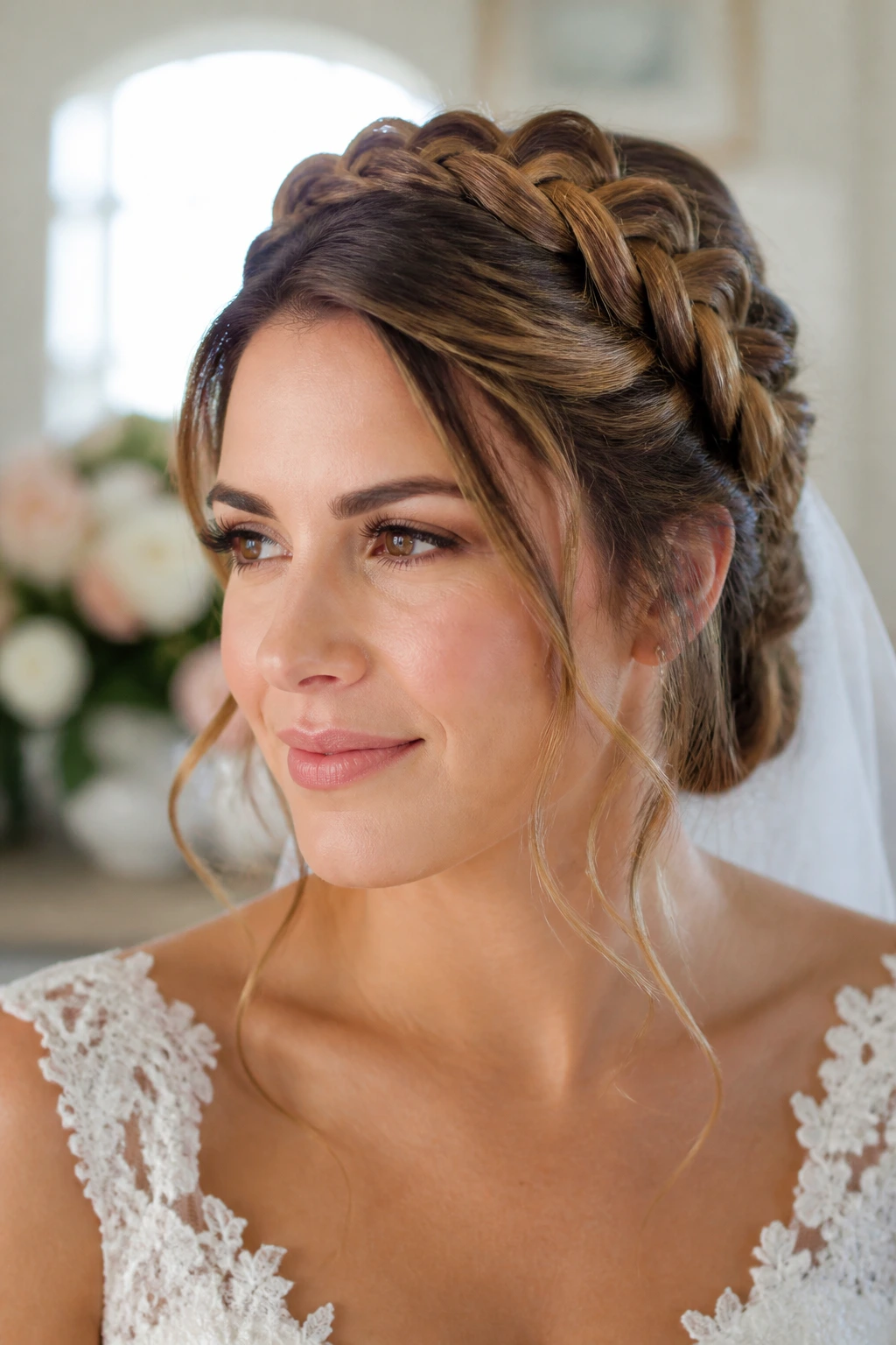 Close-up of a real bride with a loose milkmaid braid around the crown in soft window light