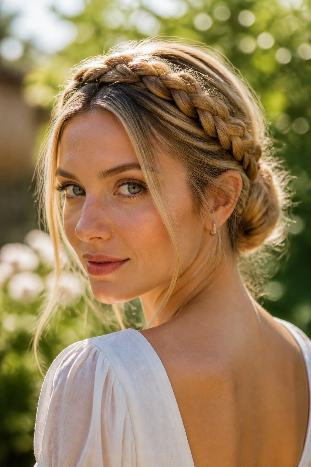 Close-up of a real woman with milkmaid braids crossing over the crown into a low bun.