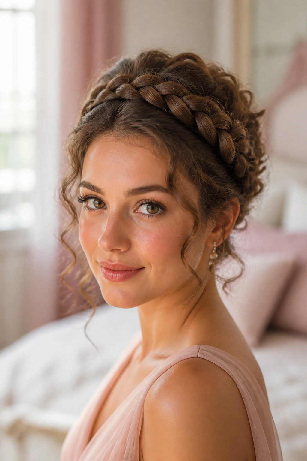 Close-up of a woman with a milkmaid braid and crown puff in natural light