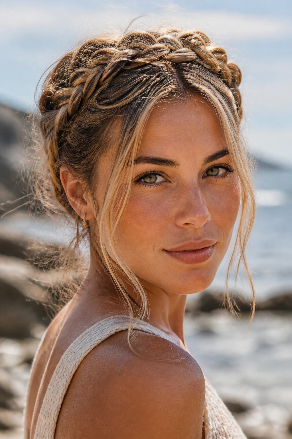 Close-up of a real woman wearing milkmaid braids with face-framing pieces at the beach
