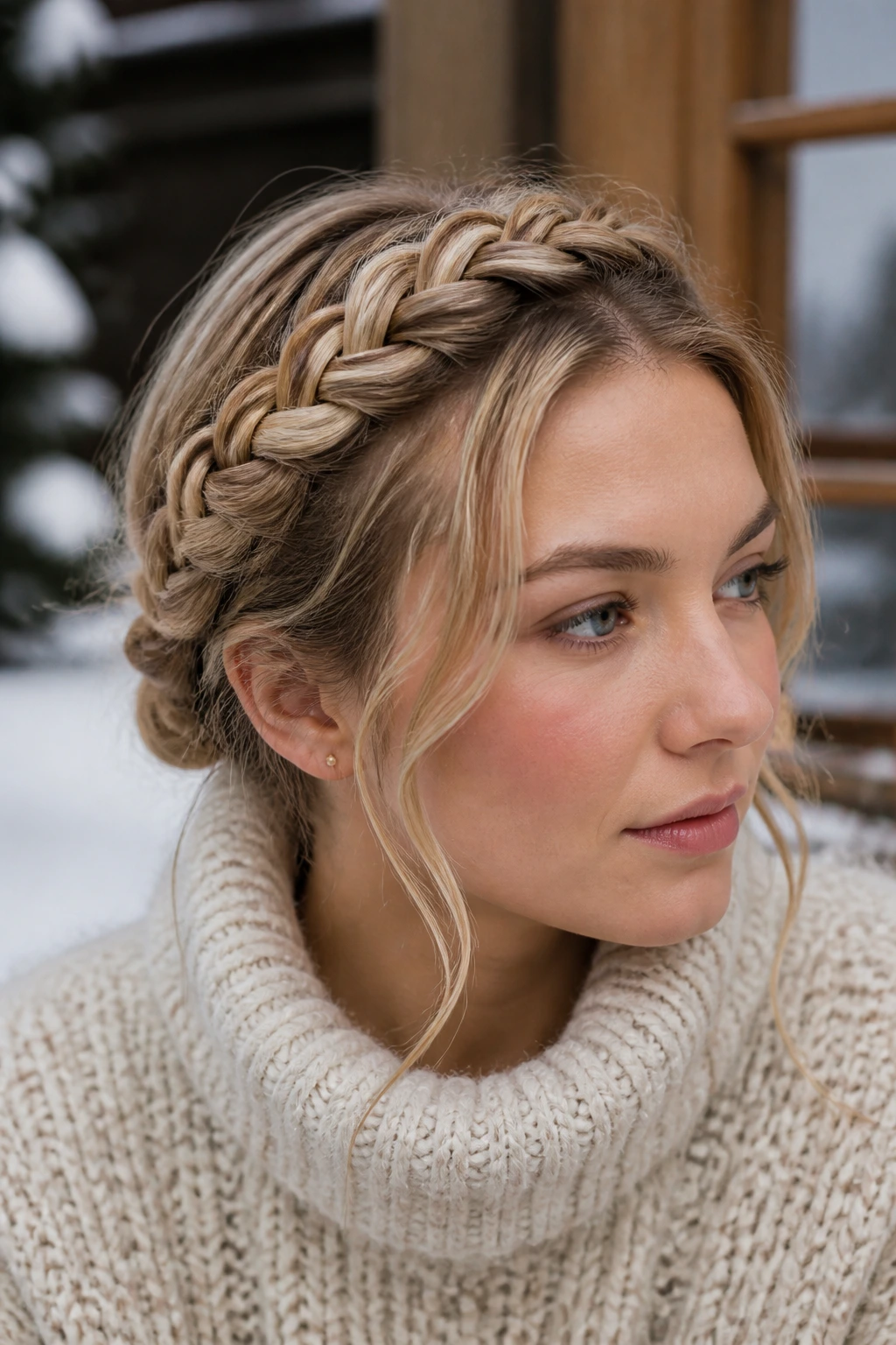 Close-up of a real woman wearing two loose milkmaid braids across the crown.