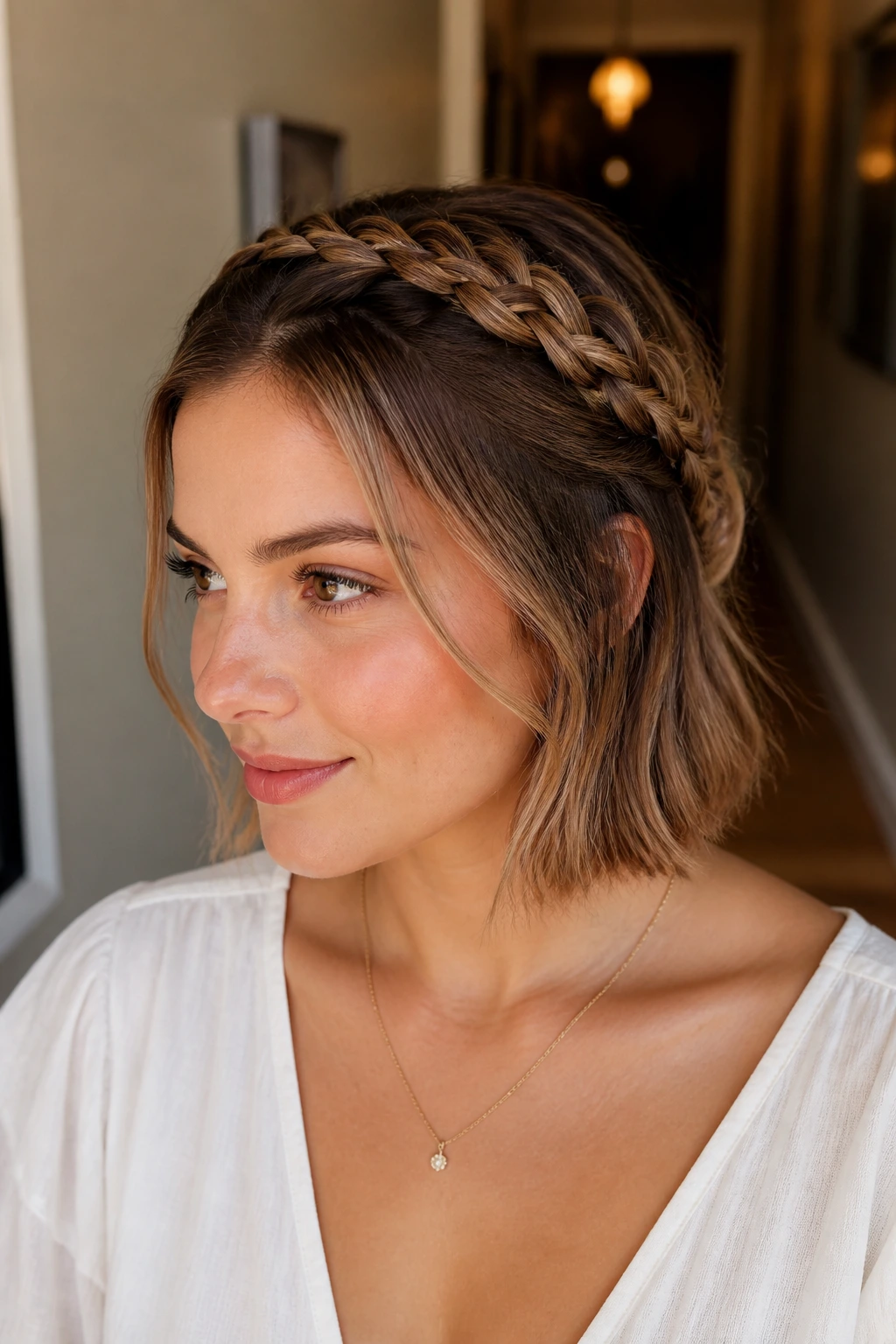 Close-up of a real person with two milkmaid braids over the crown on a lob