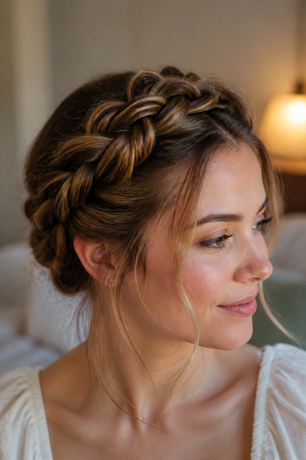 Real woman wearing milkmaid braids with loose pieces at the hairline