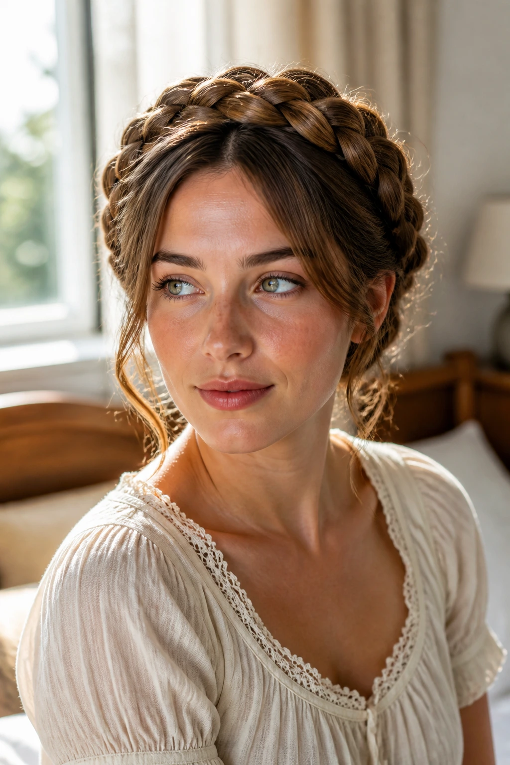Medium-length wavy hair with milkmaid braid on real woman