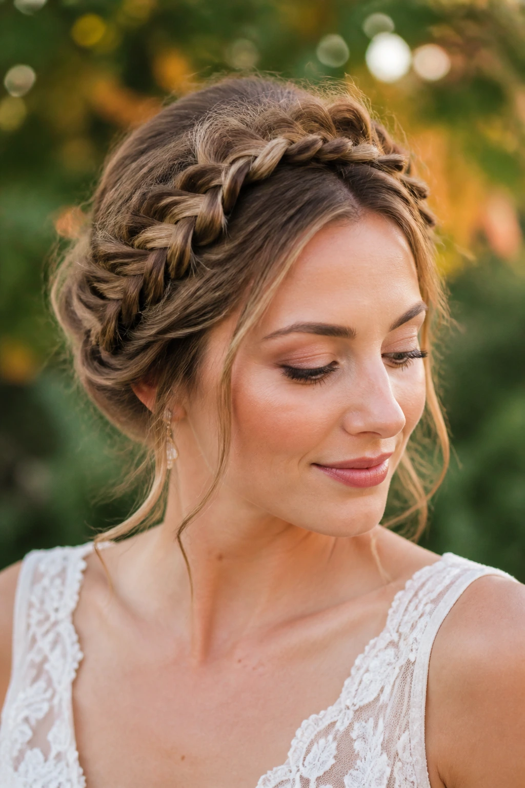 Close-up of a bride wearing a textured milkmaid braid in a fall garden setting