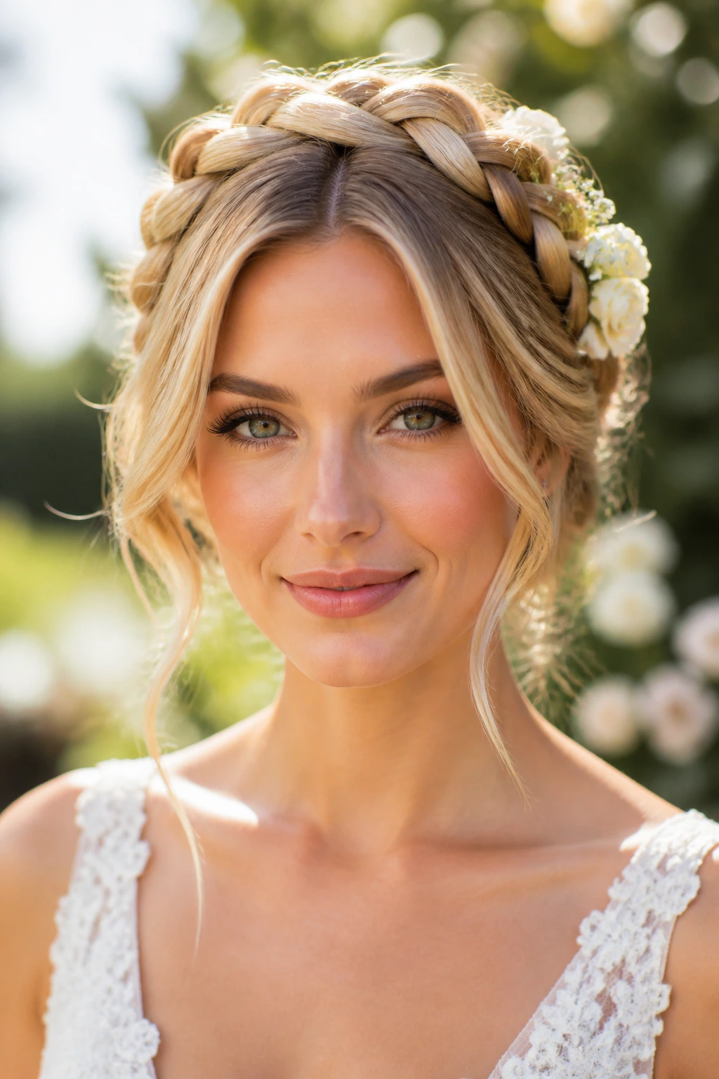 Close-up of a real bride wearing a milkmaid braid across the crown in a garden