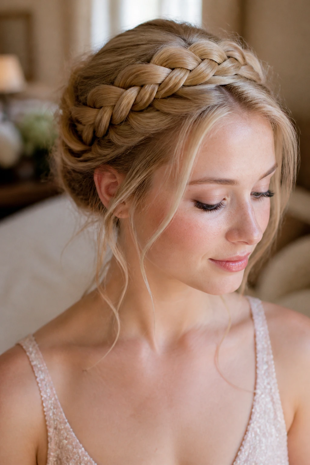 Milkmaid braid on a real woman with crown-wrapping braids