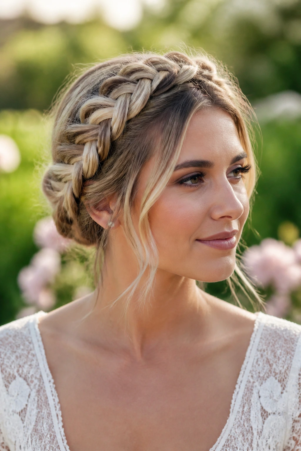 Close-up of a real bride with milkmaid braids and soft pulls.