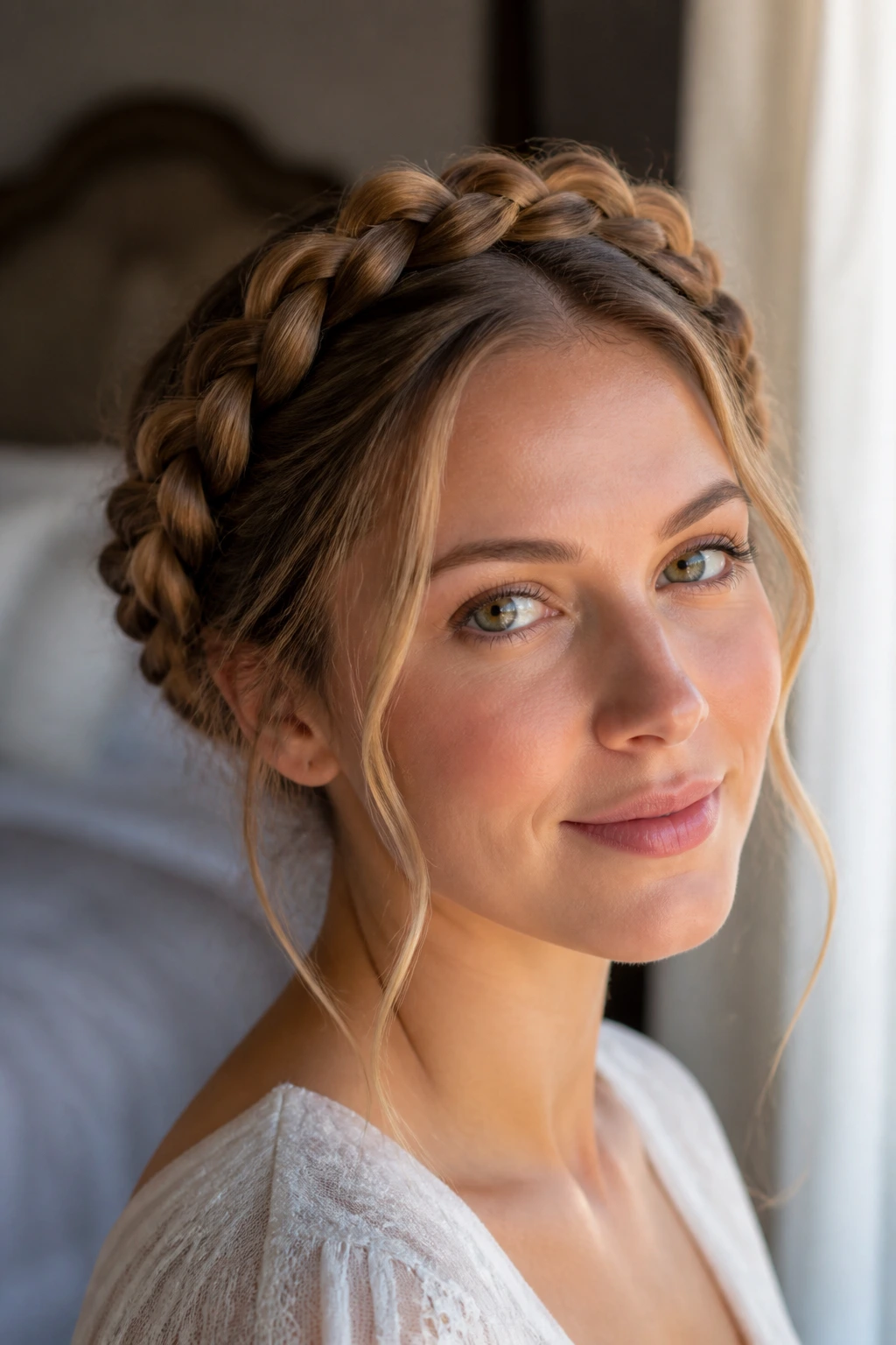 Close-up of a real woman wearing milkmaid braids with soft face pieces