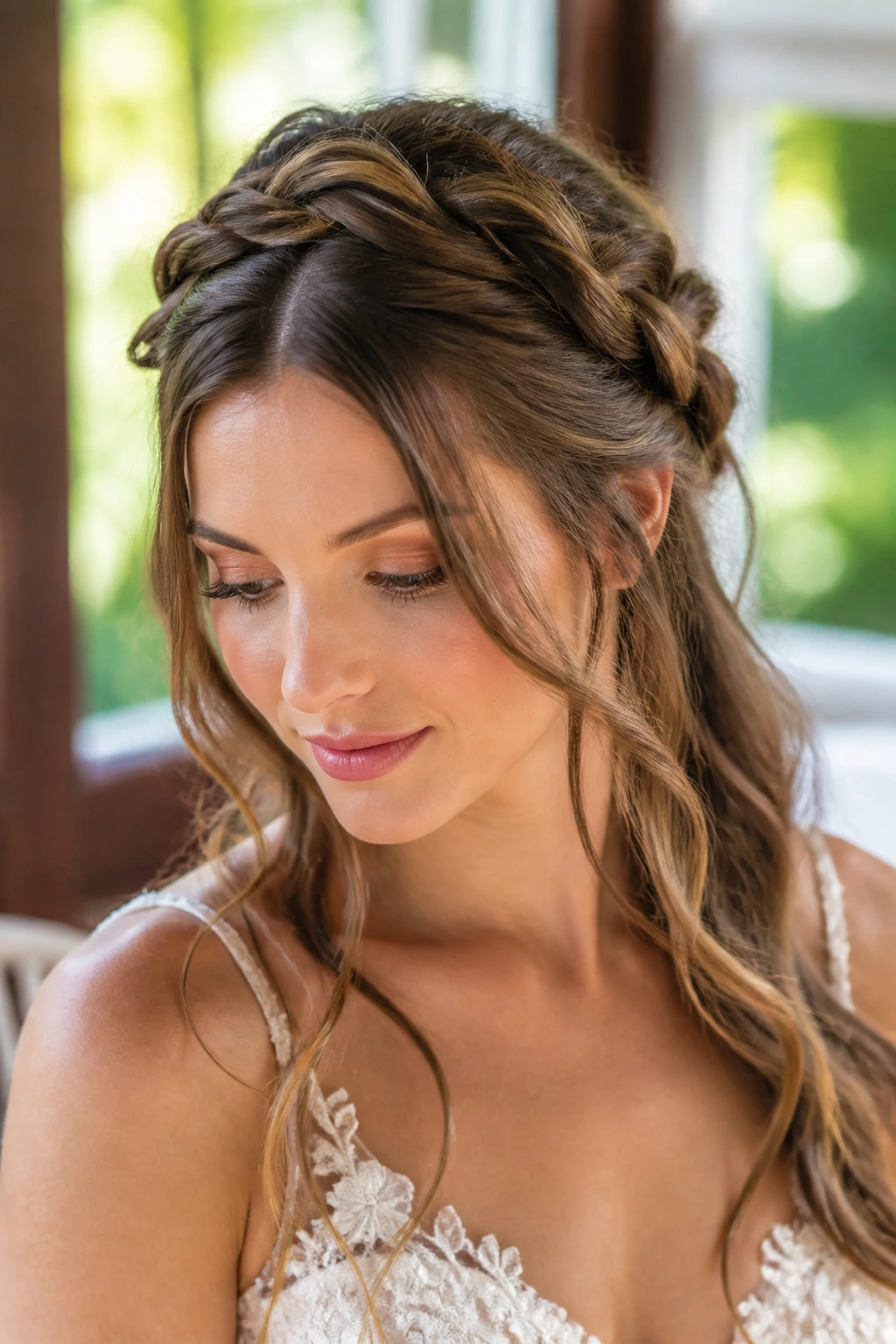 Close-up of a bride with milkmaid braids and soft tails framing her face.