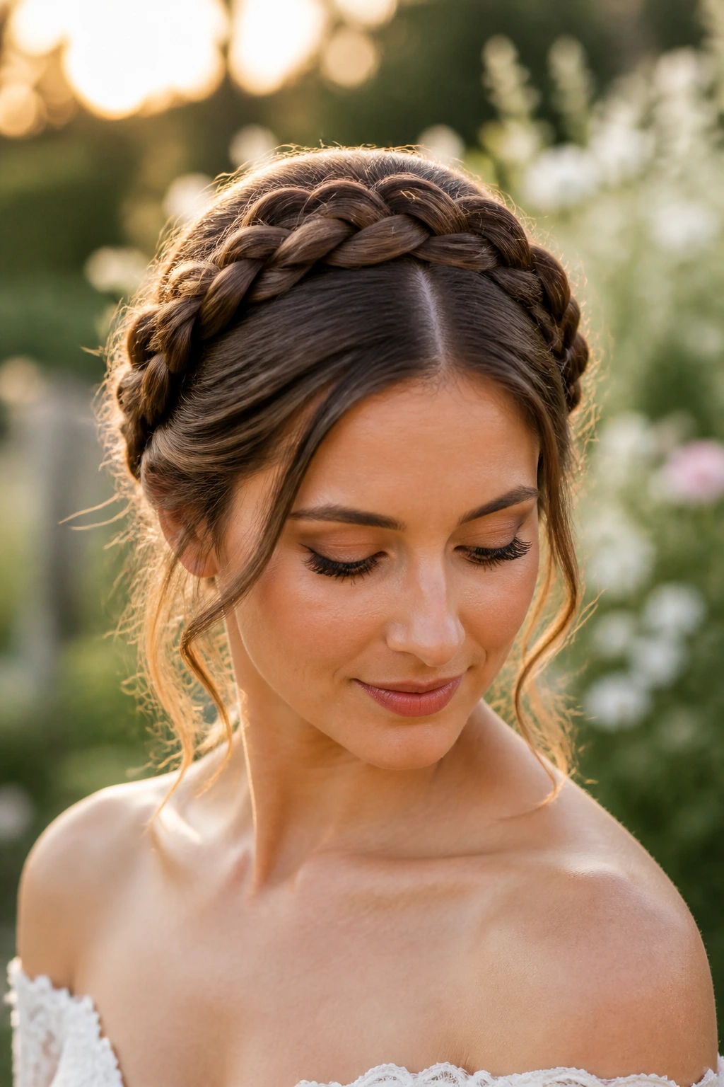 Close-up of a real bride with Milkmaid Braid and soft tendrils outdoors