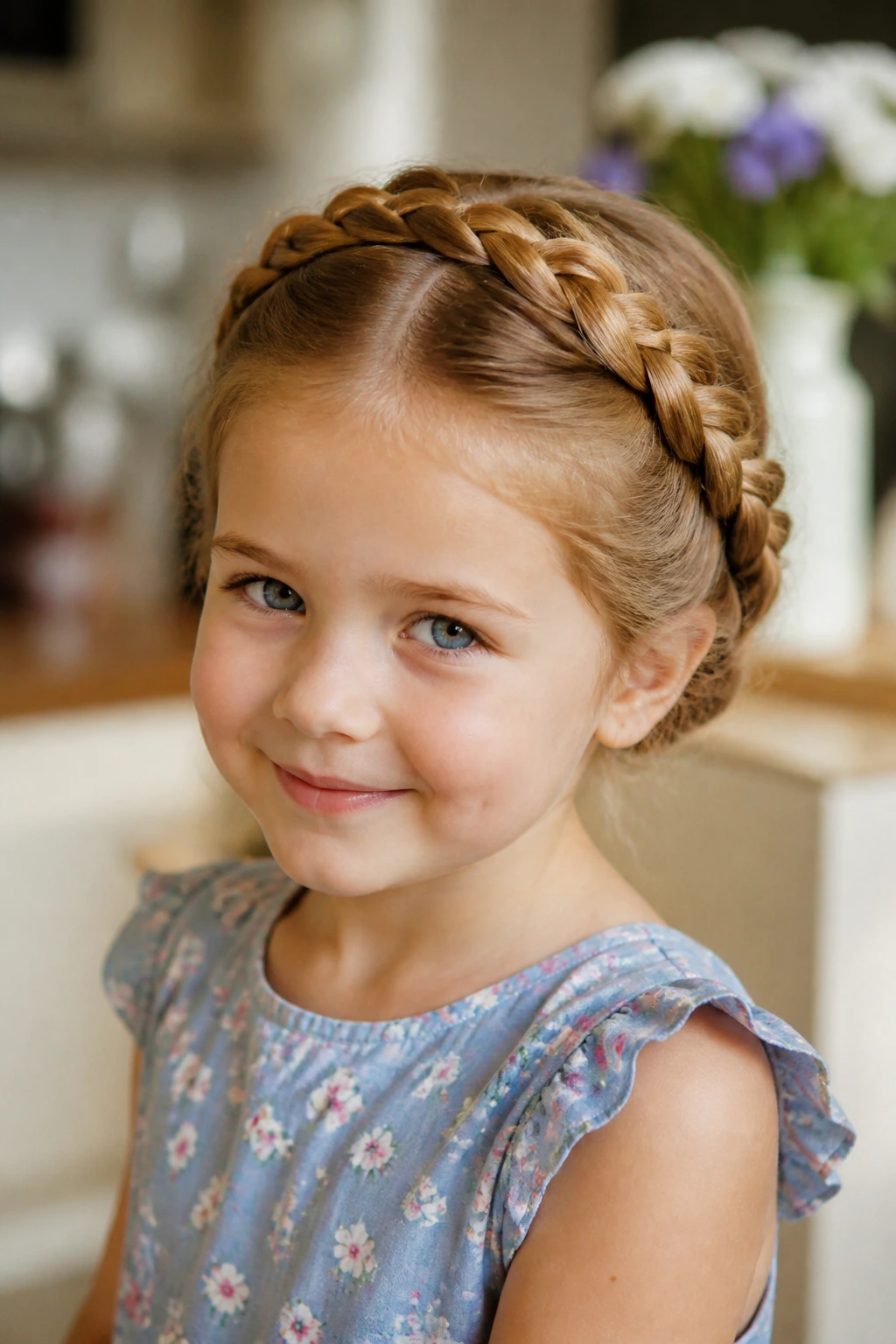Front view of a girl with milkmaid braids tucked at the back