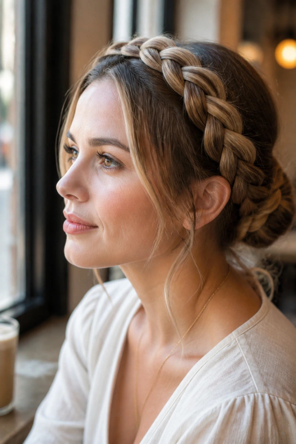 Close-up portrait of a woman wearing a milkmaid braid updo