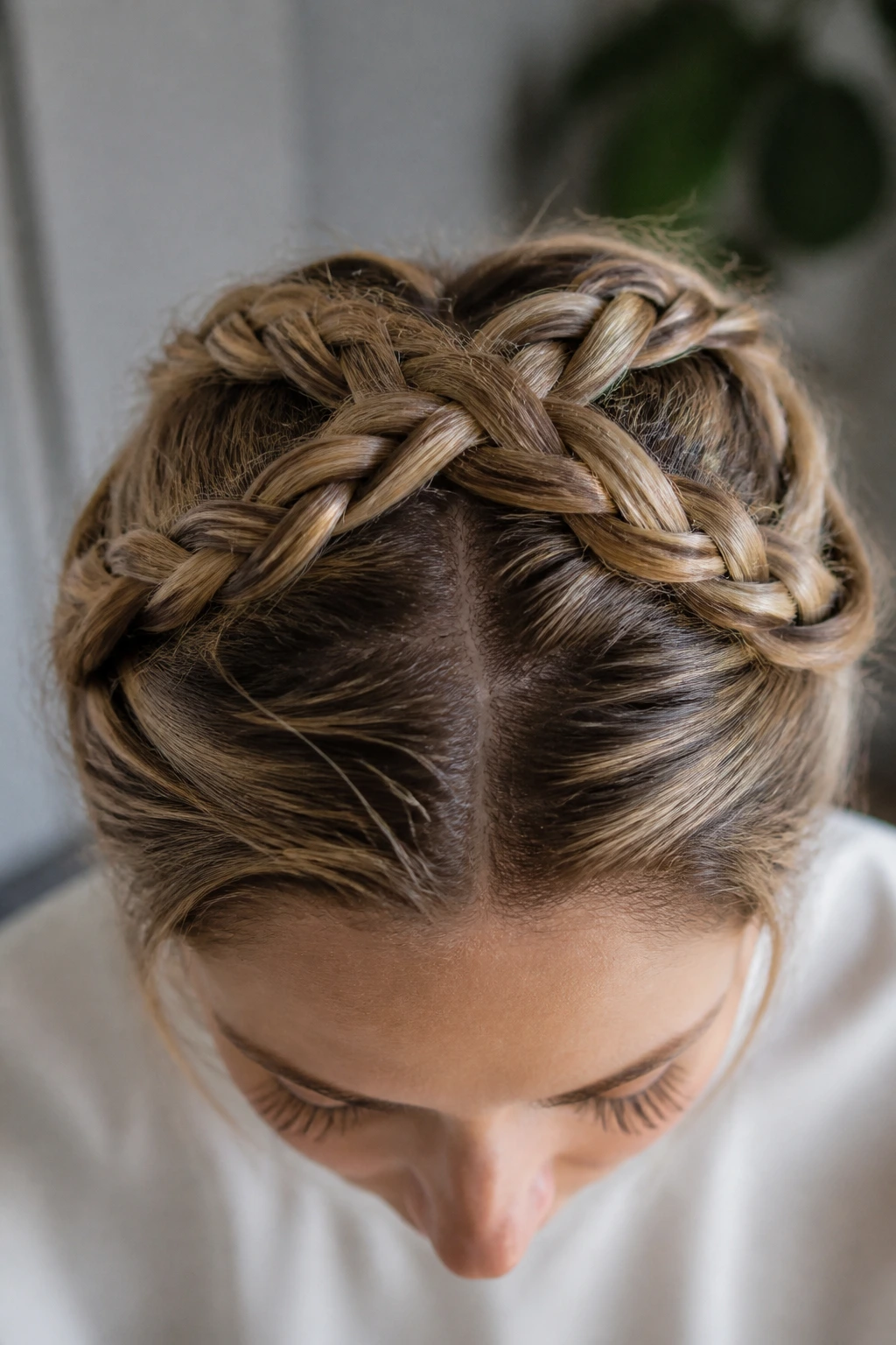 Top view of a real person with milkmaid braids crossing at the crown