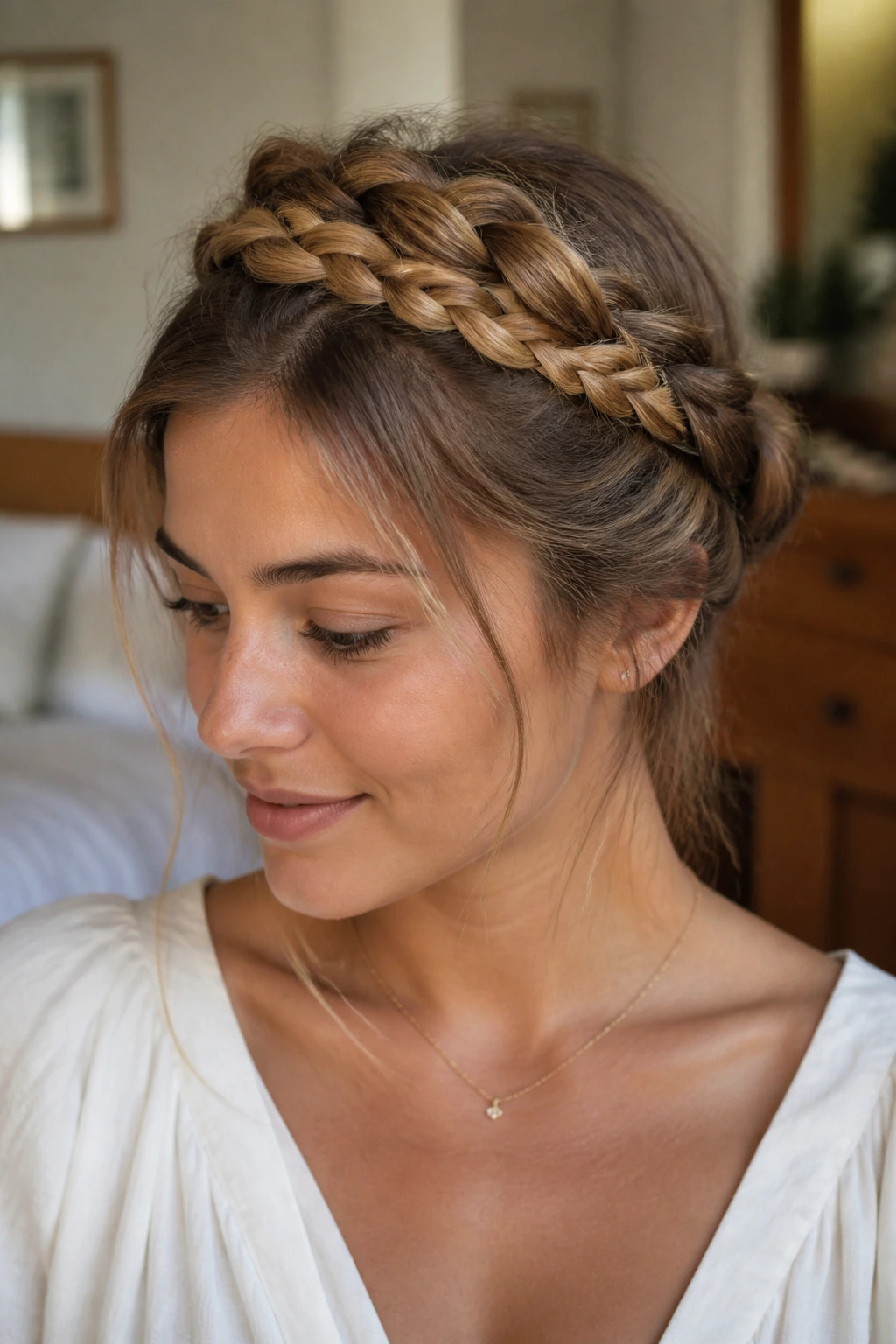 Close-up of a real woman with milkmaid braids pinned across the top, soft window light in a cozy bedroom.