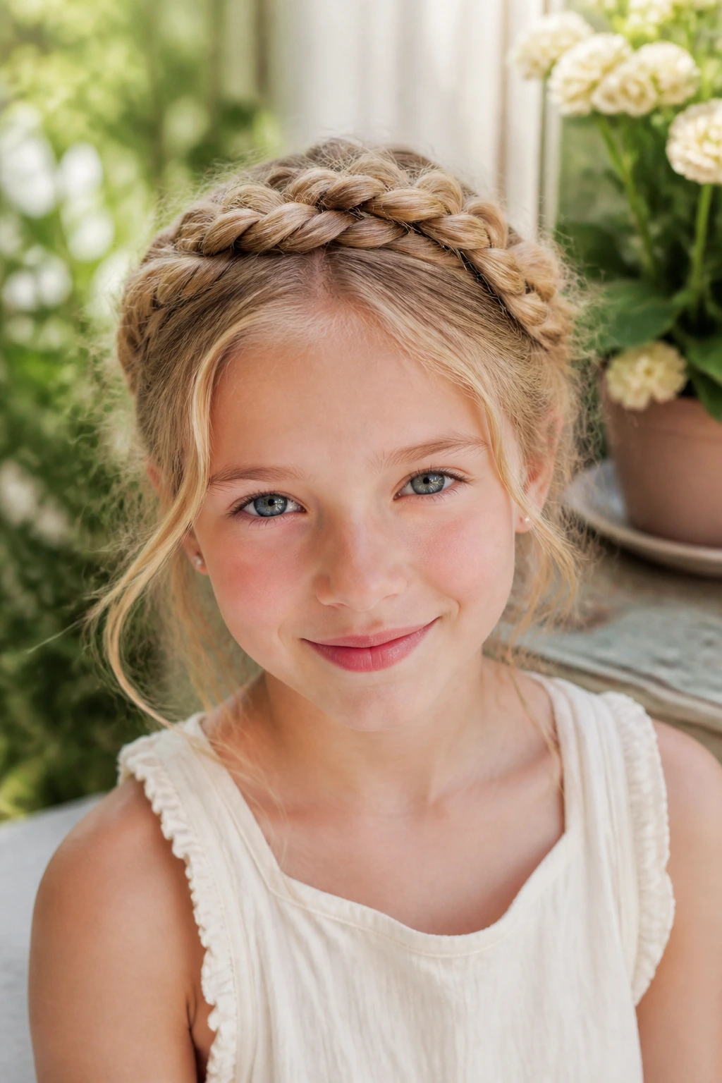 Close-up of a child with milkmaid braids across the crown