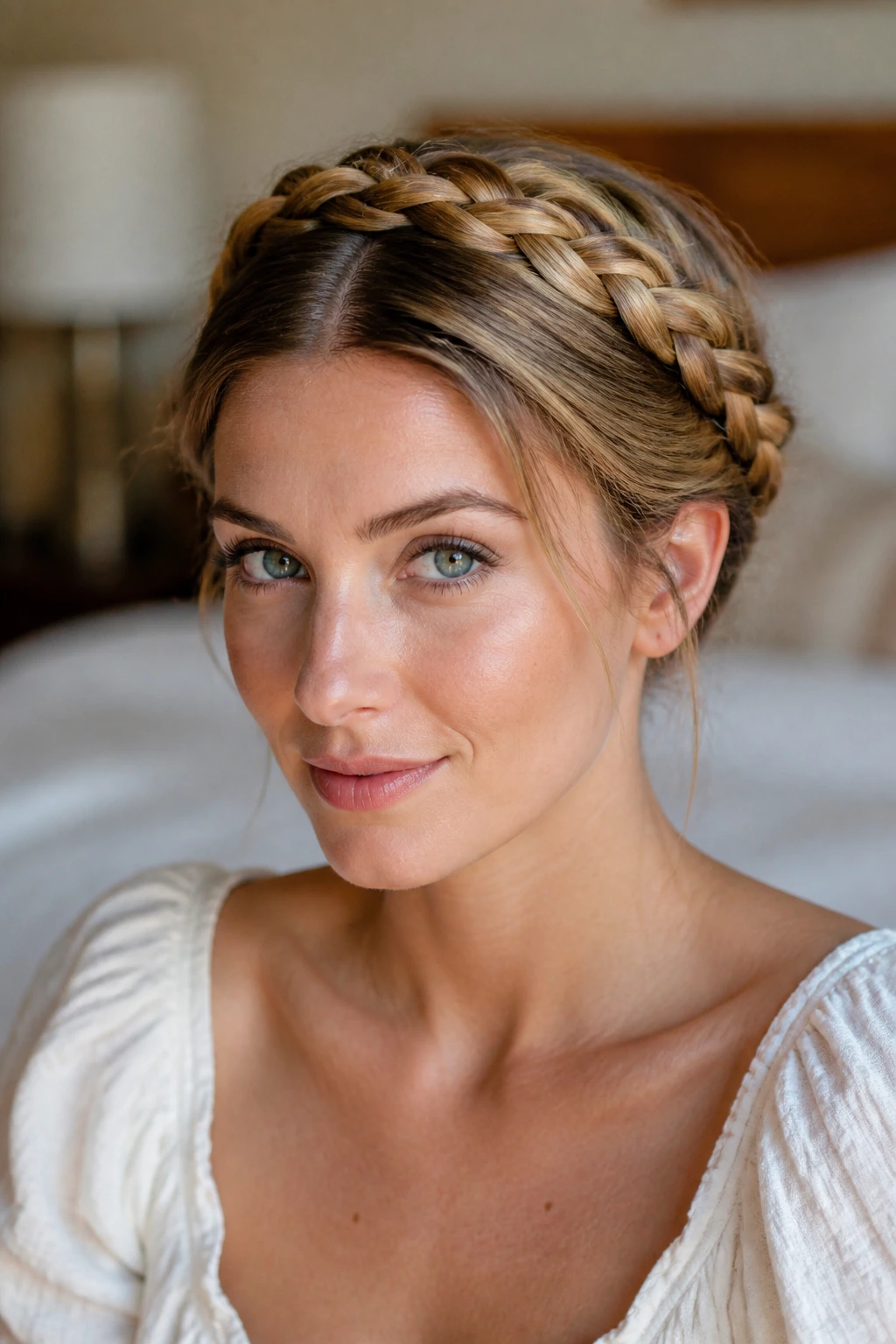 Close-up portrait of a real woman with milkmaid braids across the crown in warm window light.