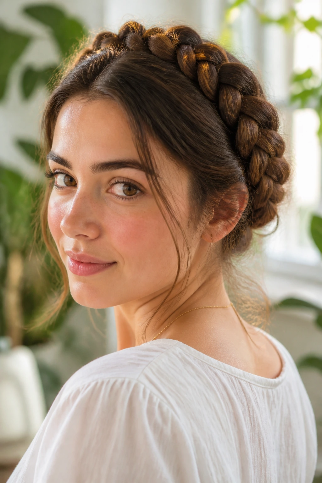 Portrait of a real woman wearing milkmaid braids around the crown with open nape