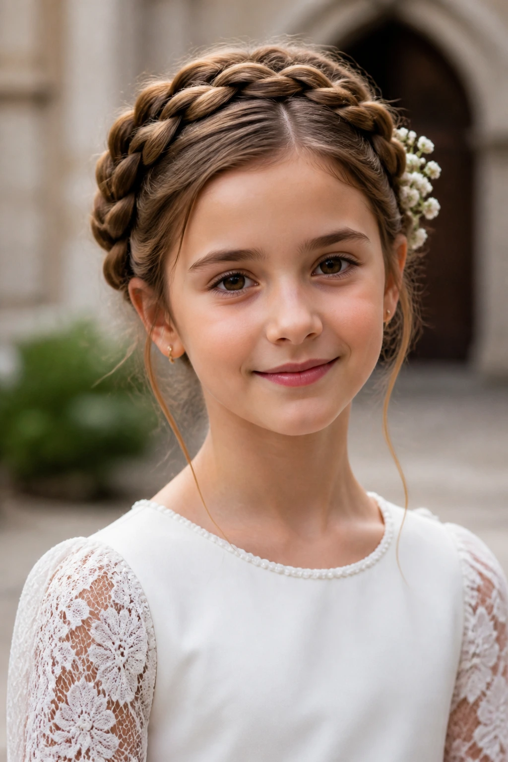 Close-up of a girl with crown milkmaid braids and small flowers by the ear in sunlit setting