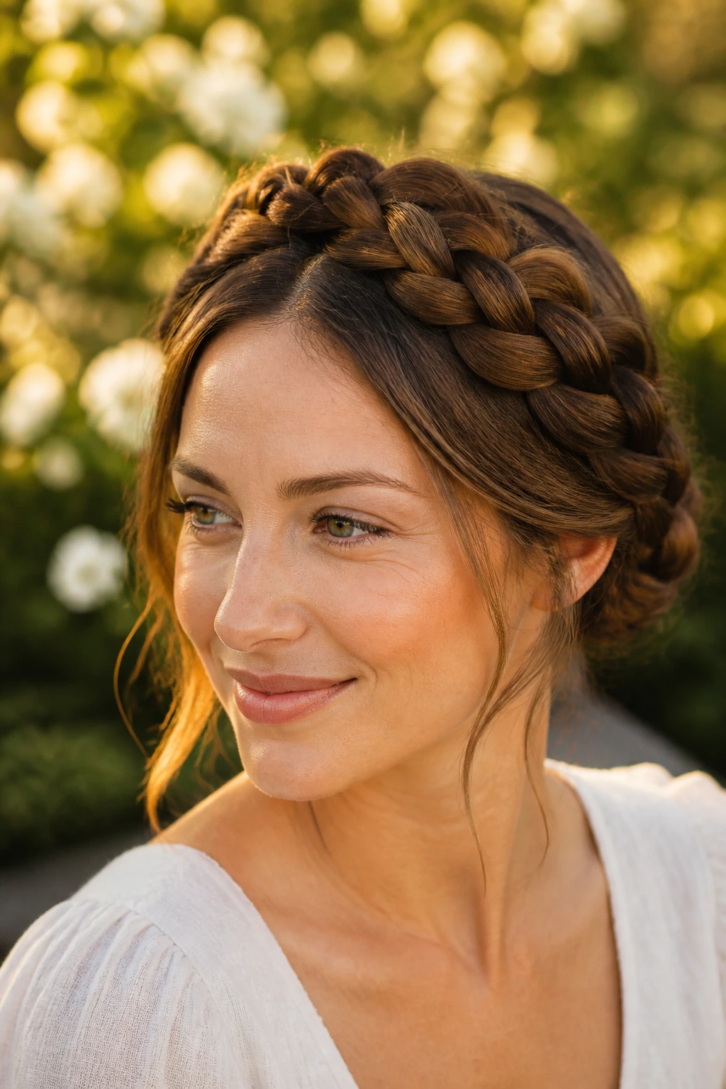 Portrait of woman wearing milkmaid braids across the top of the head.