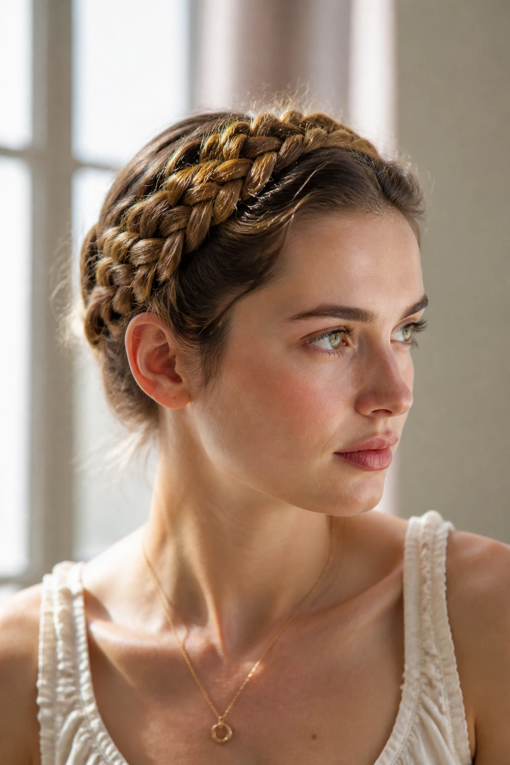 Close-up of a real woman with milkmaid braids in a sunlit room