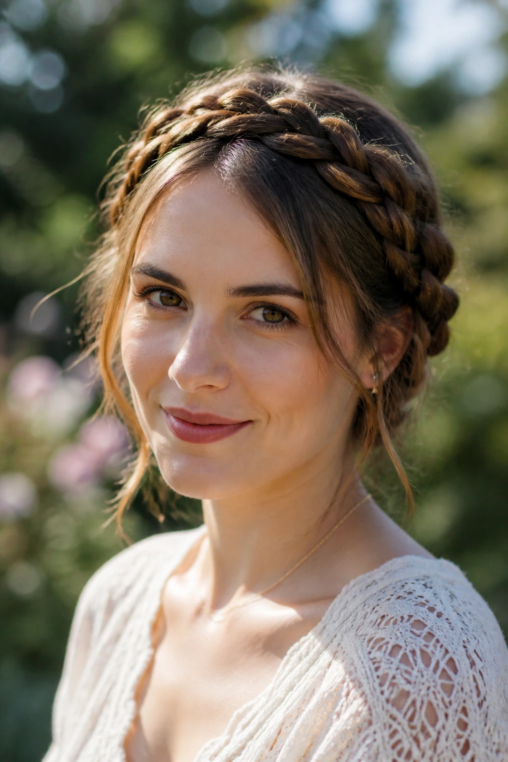 Close-up of a real woman with two milkmaid braids crossing over the crown.