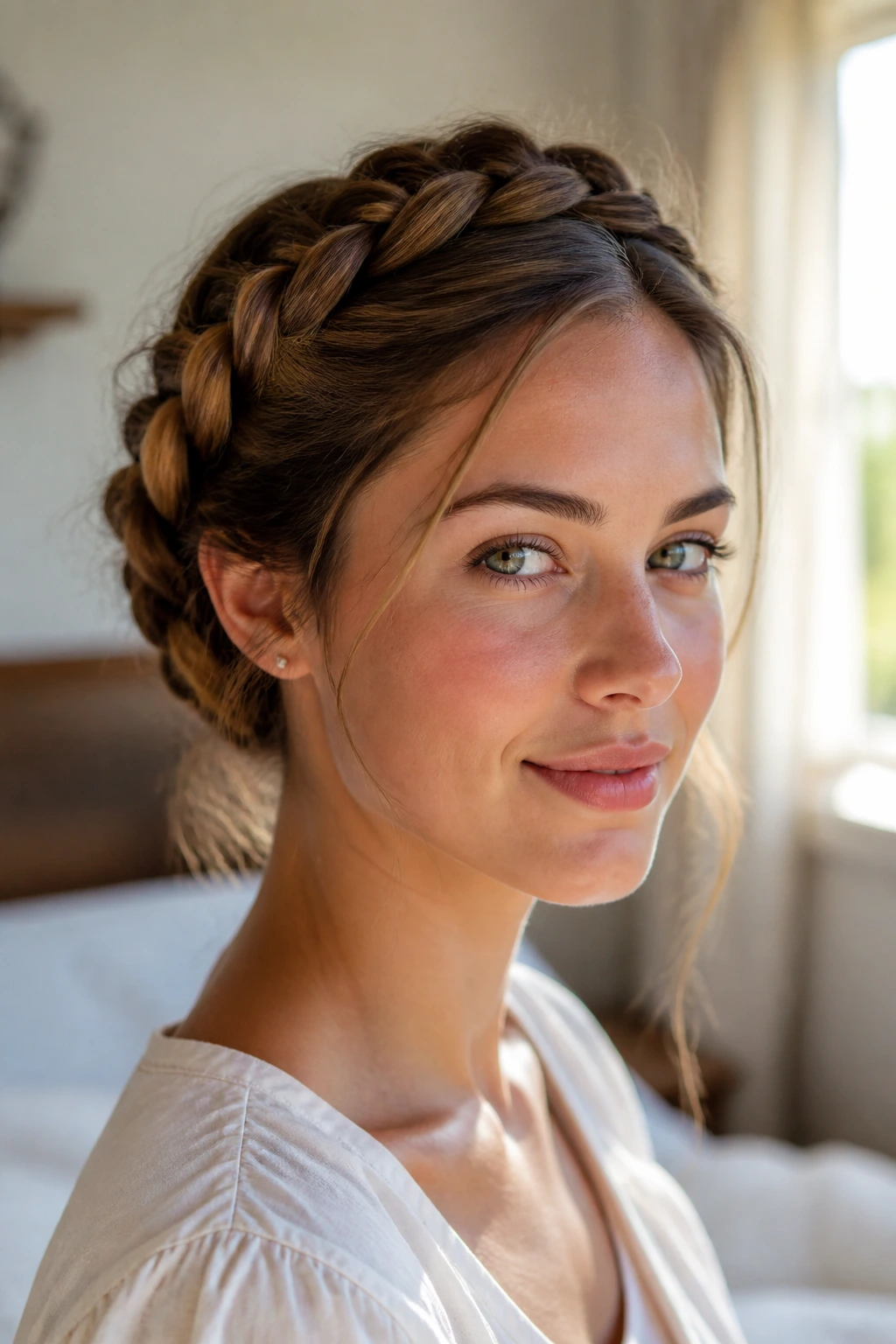 Close-up of a woman with milkmaid braids and a soft tuck in natural window light